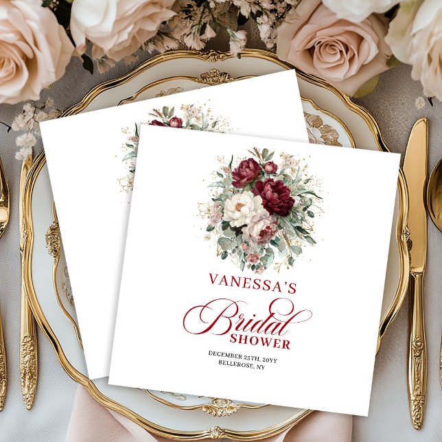 Lyxiga vinröda blomster- och guldbröllopsdusch ser pappersservett (Opulent Maroon Floral Gold Bridal Shower Napkins)