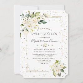 Lyxiga vita blommor Guld Glitter Sweet Sixteen Inbjudningar