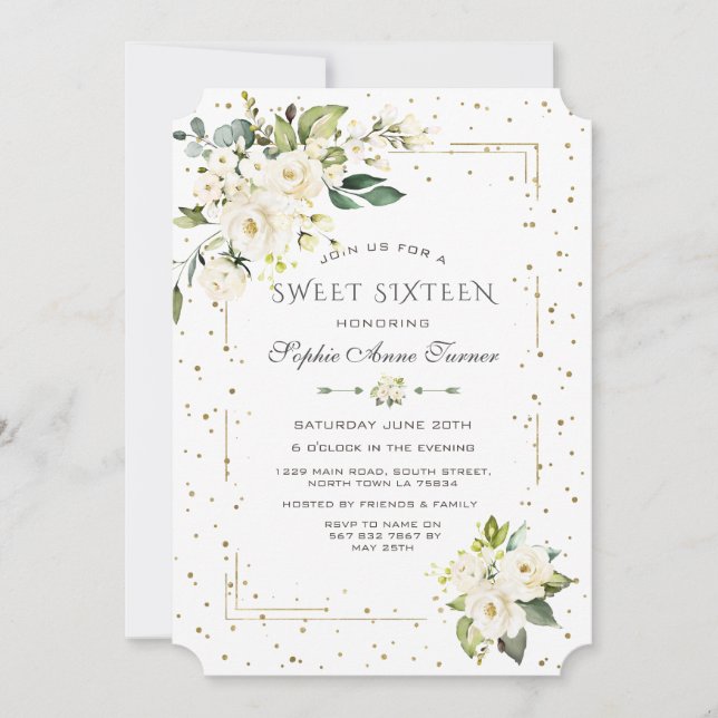 Lyxiga vita blommor Guld Glitter Sweet Sixteen Inbjudningar (Framsida)
