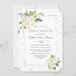 Lyxiga vita blommor Guld Glitter Sweet Sixteen Inbjudningar
