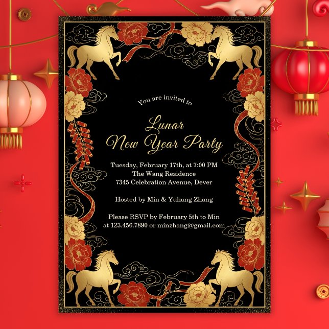 Lyxigt år för hästen 2026 Lunar Nyår Inbjudningar (Black and Gold Chinoiserie Lunar New Year 2026 Party Invitation)