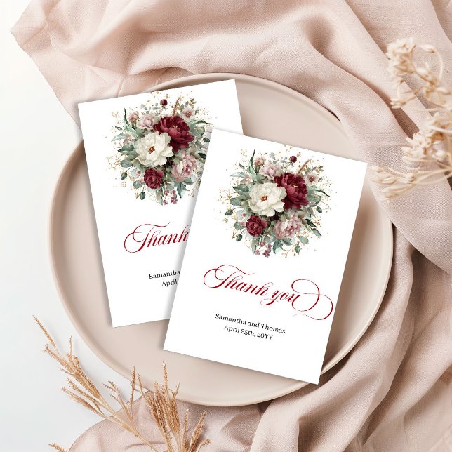 Lyxigt Boho Marsala Blommigt Tacksamhetskort Tack Kort (Luxury Boho Marsala Floral Thank You Card)