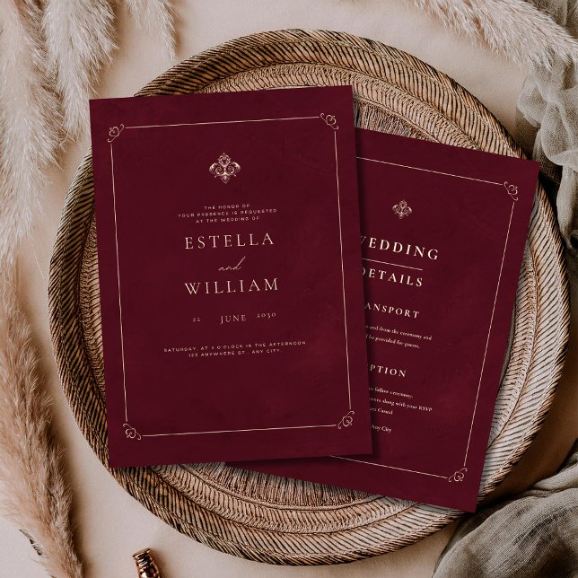 Lyxigt Bröllop med Burgunderton Klassiskt Bröllop Inbjudningar (Skapare uppladdad)