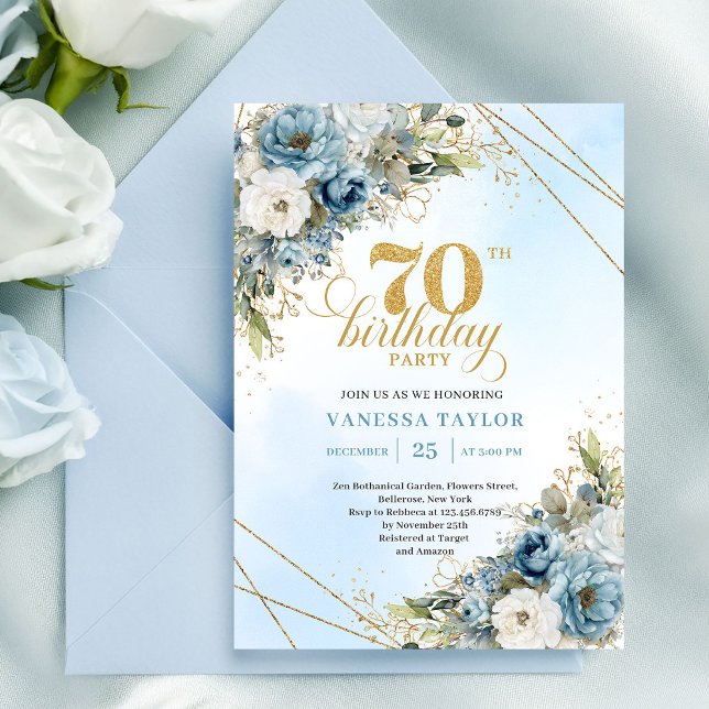 Lyxigt dammigt blått 70-årsfirande inbjudningar (Luxury Dusty Blue 70th Birthday Celebration)