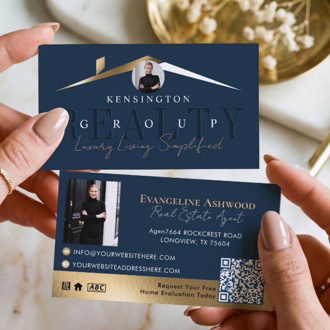 Lyxigt Fastighetsmäklare för Hemmet Navy Gold Foto Visitkort (Luxury Home Real Estate Agent Navy Gold Photo Business Card)