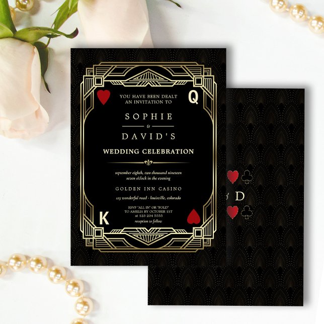 Lyxigt Gatsby Casino Las Vegas Poker Bröllop Inbjudningar (Elegant gold black casino wedding invitation, Art Deco great Gatsby wedding invite, poker wedding)