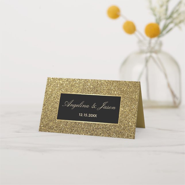 Lyxigt Glamour Svart och Guld Glitter Bröllopsbord Placeringskort (Baksida)