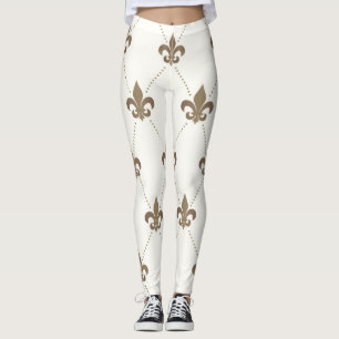 Lyxigt guld och Vit Fleur de Lis Damasker Leggings