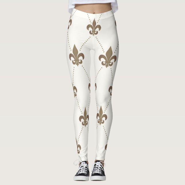 Lyxigt guld och Vit Fleur de Lis Damasker Leggings (Framsida)