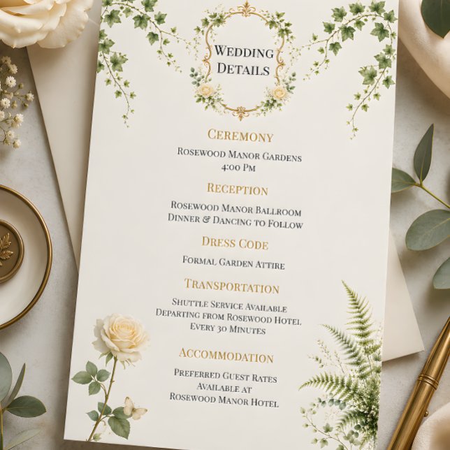 Lyxigt Hemligt Trädgårdsbröllop Detaljerad Kort (Part of the luxury secret garden wedding theme, details card)