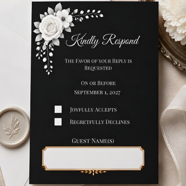 Lyxigt Monokromt Bröllop  OSA Kort (This mockup image of the RSVP card has been created using AI technology)