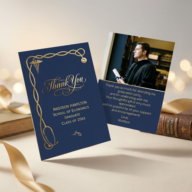 Lyxigt Navy & Guld Medicinskt Tackkort Inbjudningar (Luxury Navy & Gold Medical Thank You Card #doctor #medicalthankyoucard#celebration#caligraphicthank)