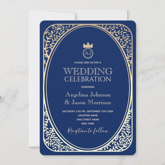 Lyxigt Navy Guld Monogram Bröllop Inbjudningar (Framsida)