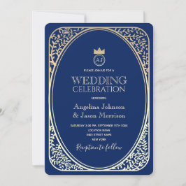 Lyxigt Navy Guld Monogram Bröllop Inbjudningar