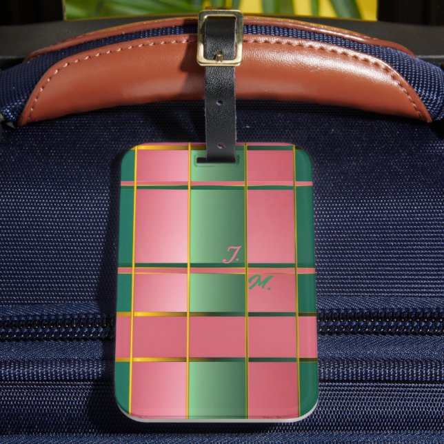 Lyxigt rosa och grönt färgblockerat monogram bagagebricka (Framsida Insitu 2)