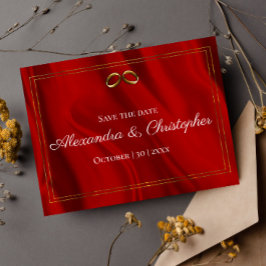 Lyxigt Rött Siden och Guld Bröllop Spara Datum Meddelande Vykort
