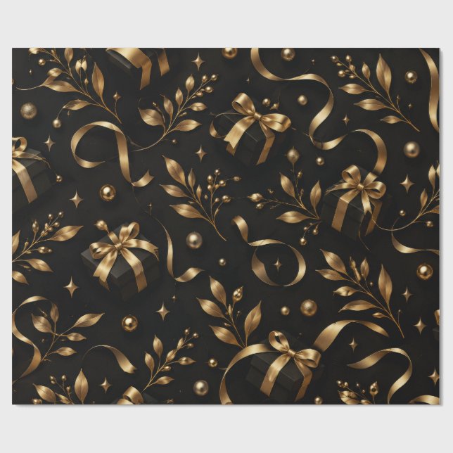 Lyxigt svart & guldblommigt presentpapper – Elegan (Platt)