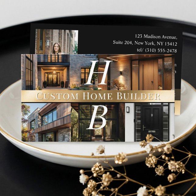 Lyxigt svart guldmonogram husbyggare entreprenör visitkort (Luxury Black Gold Monogram Home Builder Contractor Business Card)