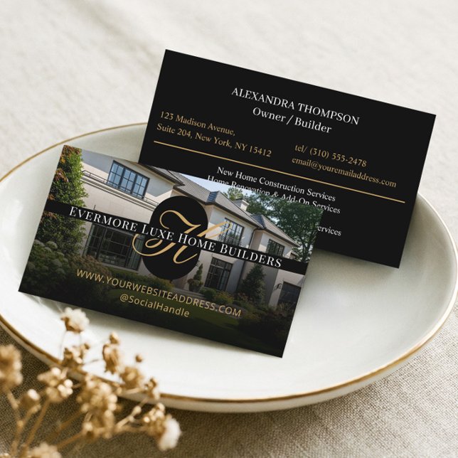 Lyxigt svart guldmonogram husbyggare entreprenör visitkort (Luxe Black Gold Monogram Home Builders Contractor Business Card)