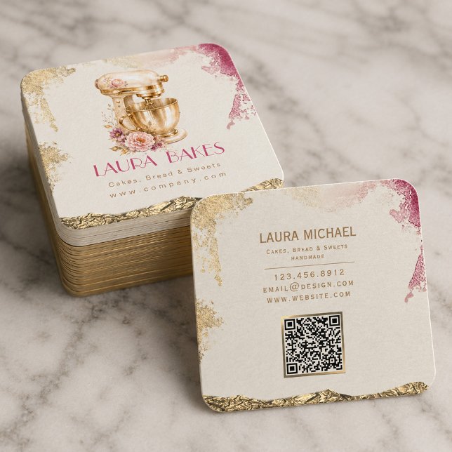 Lyxigt vattenfärgsbakery-kort fyrkantigt visitkort (#BakeryBusinessCard #BusinessCardTemplate #BakeryBranding #SmallBusinessBranding #CakeBusiness #Bake)