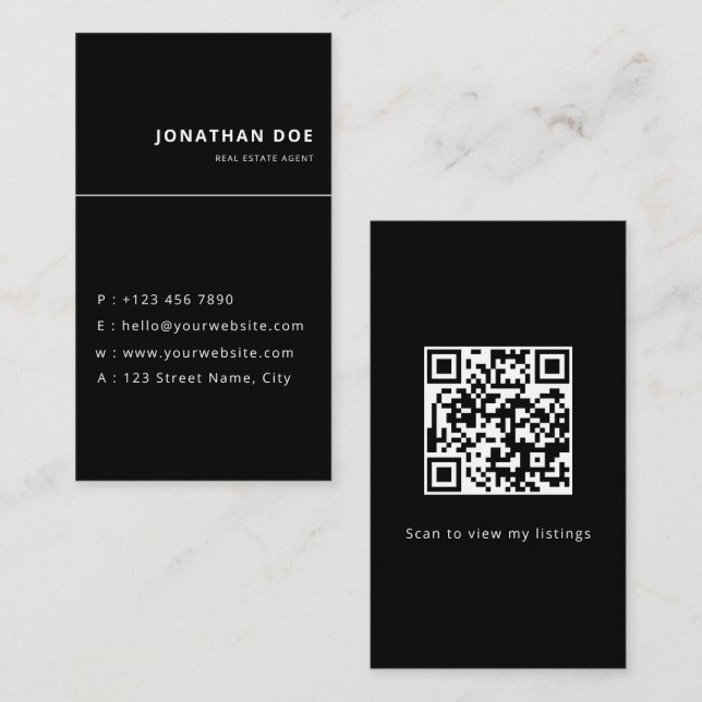 Lyxigt Vertikalt Svart QR-kod Realtor  Visitkort (Fram/baksida)