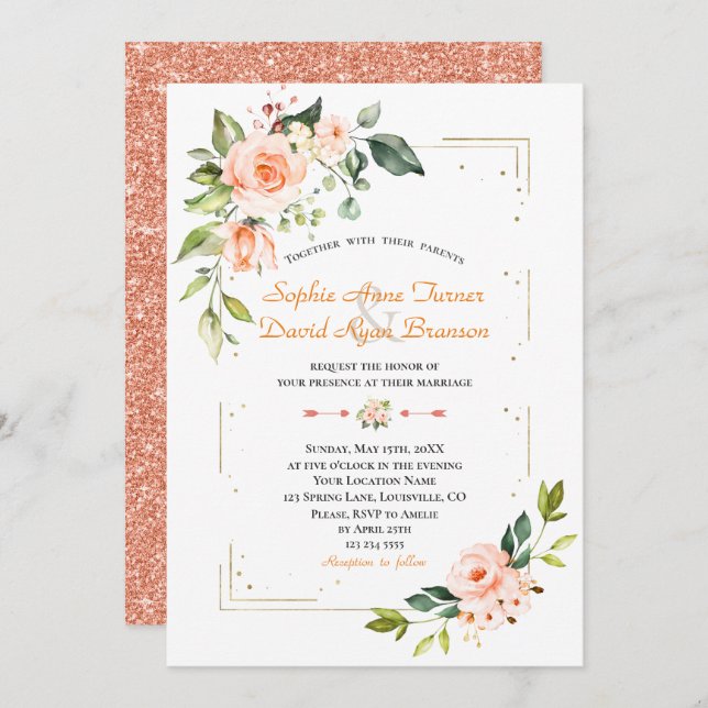 Lyxiskt levande korall Blommigt Guld Glitter Bröll Inbjudningar (Fram/baksida)