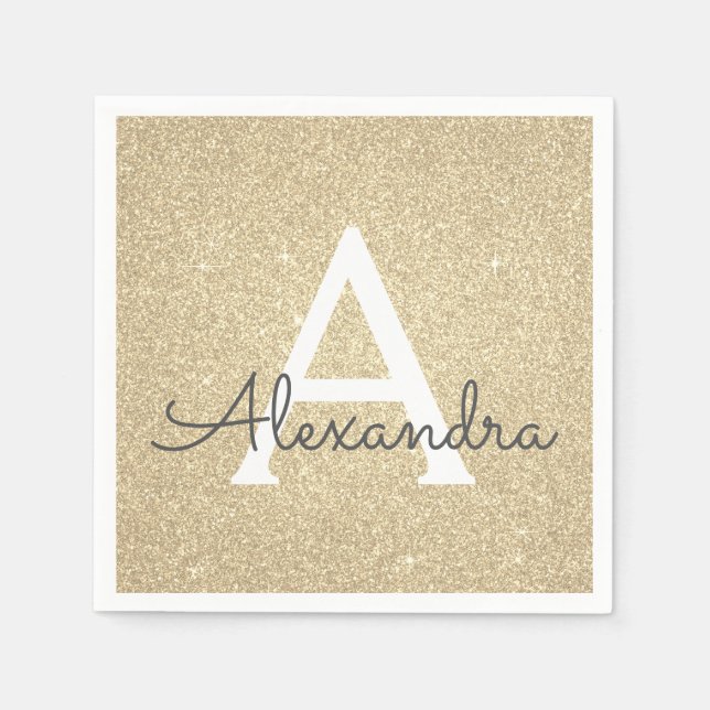 Lyxiury Guld Glitter & Gnistra Monogram Birthday Pappersservett (Framsidan)