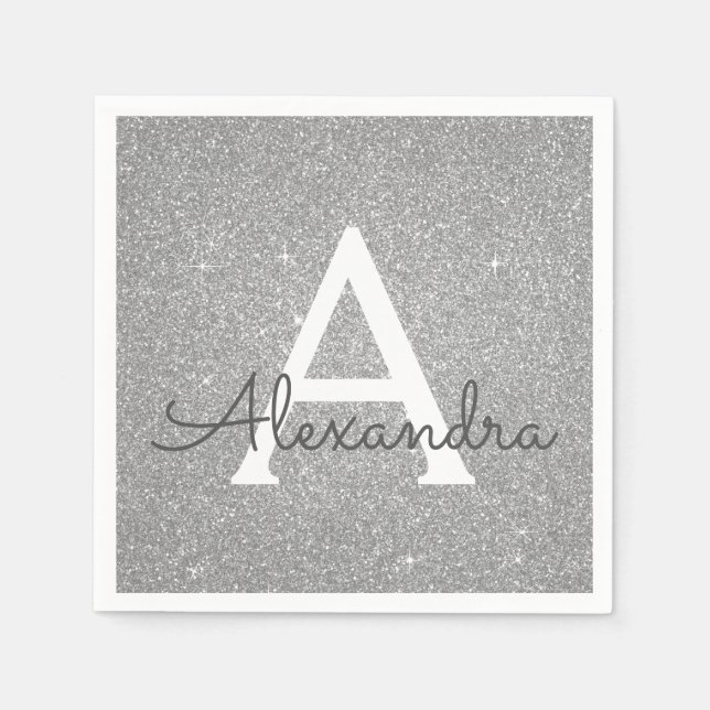Lyxiury Silver Glitter & Gnistra Monogram Birthday Pappersservett (Framsidan)