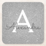 Lyxiury Silver Glitter & Gnistra Monogram Birthday Underlägg Papper Kvadrat<br><div class="desc">Silver Faux Glitter och Gnistra Elegant Monogram Födelsedagsfest Underlägg. Dessa Underlägg för Födelsedagsfest,  Möhippa,  Bröllop eller Bachelorette Party kan anpassas så att de omfattar ditt första och första namn. Kontakta designern om du vill ha anpassade matchande objekt.</div>