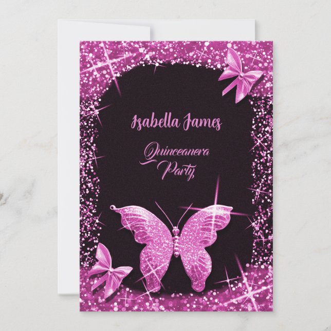 lyxklass glitter Black rosa Butterfly elegant Inbjudningar (Framsida)