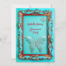 lyxklass guld-turkos Butterfly Quinceanera Inbjudningar