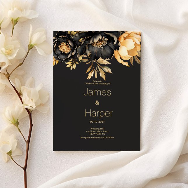 Lyxklassiga svarta guld-pion blom- bröllop  inbjudningar (Luxury classy black gold peony floral Wedding)