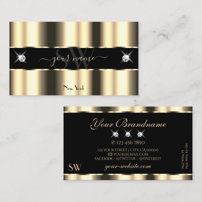 Lyxkräm Guld Svart Glitter Juveler Initialer Visitkort (Fram/baksida)