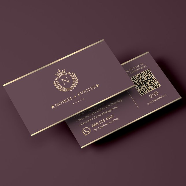 Lyxligt bröllopsplanerare konsult Damvin Krön Visitkort (Luxury Wedding Planner Consultant Dusty Wine Crest Business Card
)