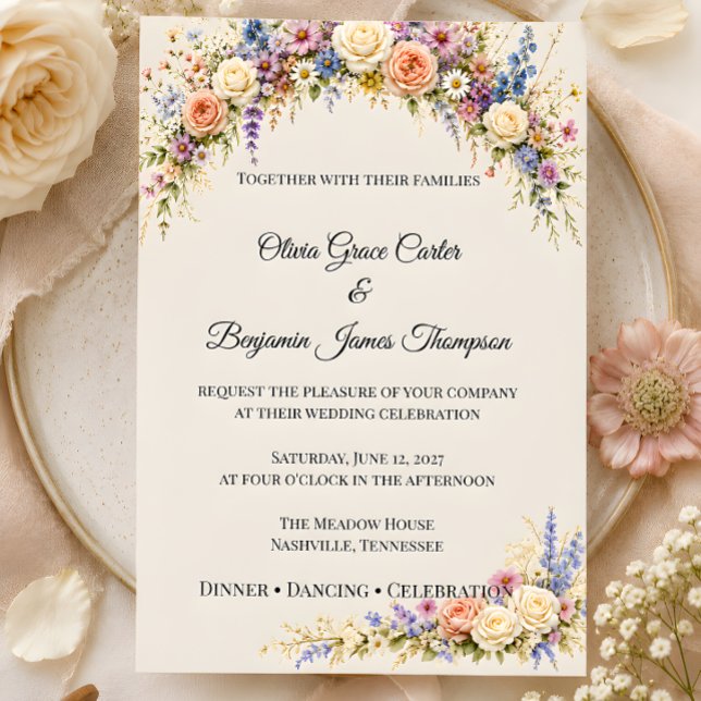 Lyxlika ängbröllop med vilda blommor inbjudningar (Part of the wildflower meadow wedding theme collection, invitation)