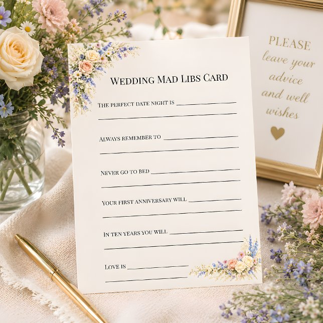 Lyxlika ängbröllop rådkort (Part of the luxury wildflower meadow wedding theme collection, activity card)