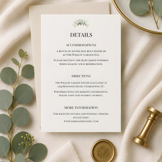 Lyxlika eukalyptusgröna bröllopsdetaljer tilläggskort (Eucalyptus themed wedding details card
)