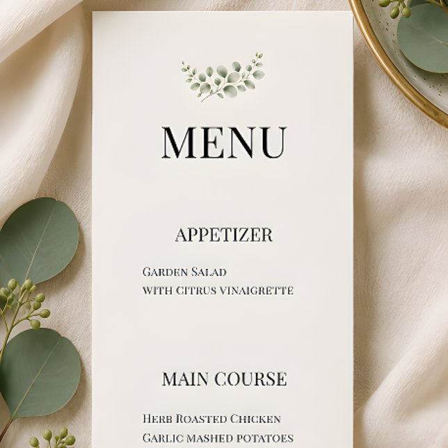 Lyxluxuös eukalyptusgrön bröllopsdekoration meny (Eucalyptus wedding themed menu for reception)