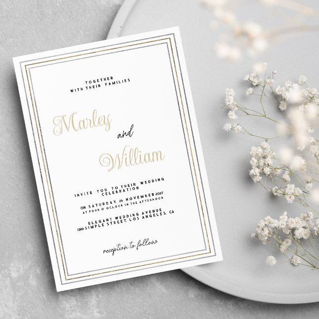lyxminimalistisk vit guld silver ram Bröllop Inbjudningar (Luxury minimalist white gold silver frame Wedding)