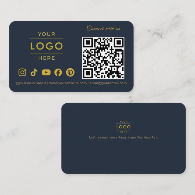 Lyxnavblå Guld QR-kod Sociala Medier Logotyp Visitkort (Fram/baksida)