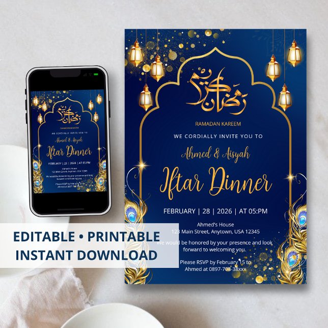 Lyxnavblå och guld Påfågel Ramadan Iftar Inbjudningar (Skapare uppladdad)