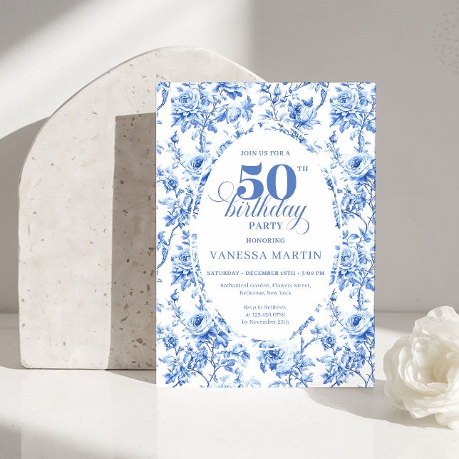 Lyxnavblå Toile Rosor 50-års Födelsedagsinbjudan Inbjudningar (Luxury Navy Blue Toile Roses 50th Birthday Invitation)