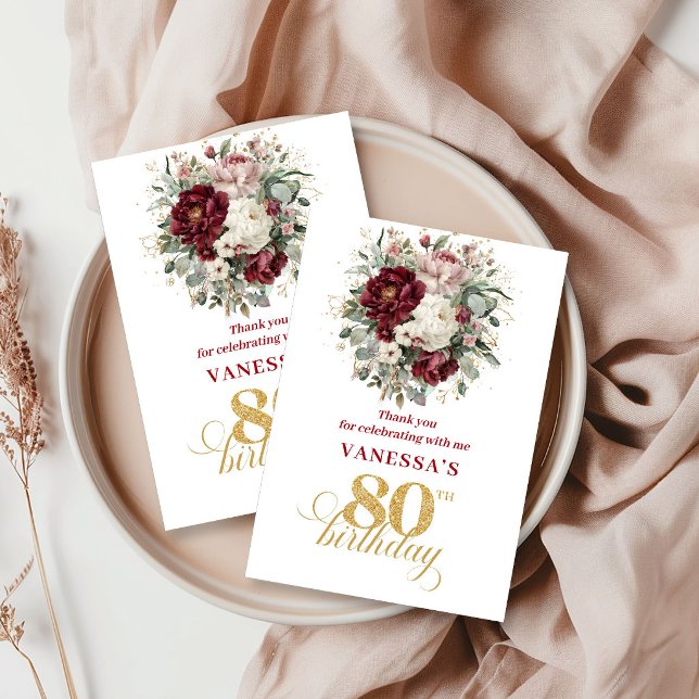Lyxrosa Burgunder 80-års födelsedags tackkort Tack Kort (Luxury Blush Burgundy 80th Birthday Thank You Card)