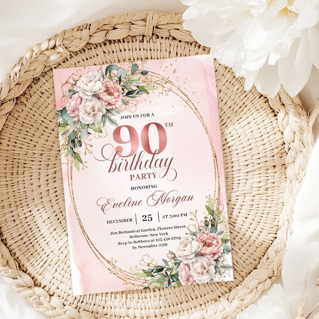 Lyxrosa guldblommig inbjudan till 90-årsfirande (Luxury Blush Pink Gold Floral 90th Birthday Invitation)