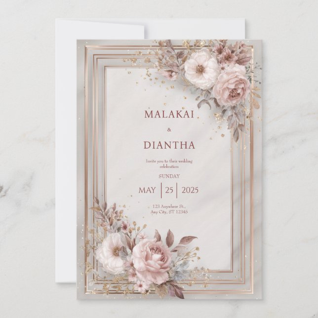 Lyxrosa Guldram Blommig Bröllop Inbjudningar (Framsida)
