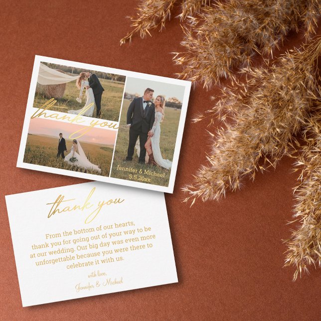 lyxtacka dig för 3 foton bröllop-kollage guldfärga anteckningskort (Skapare uppladdad)