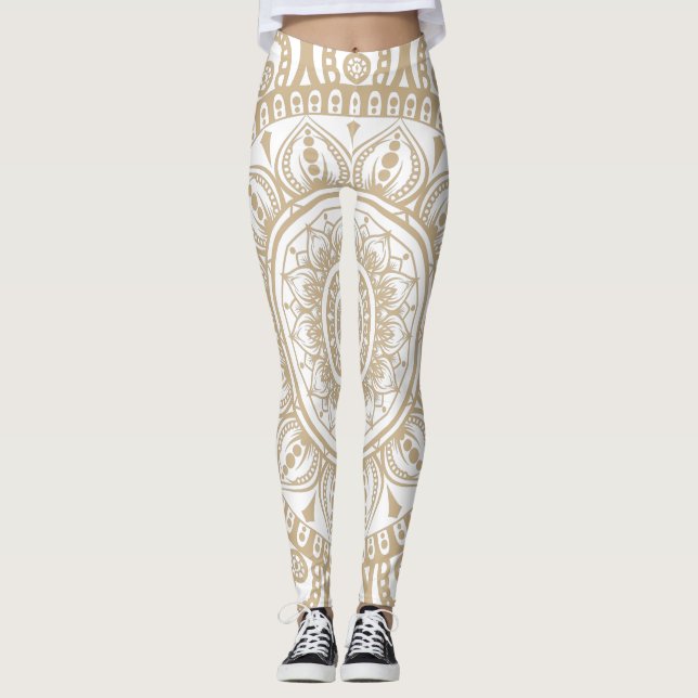 Lyxur guld och vit design Mandala blommigt Yoga Leggings (Framsida)
