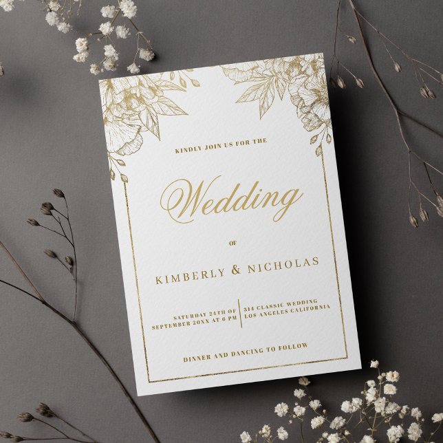 Lyxvit och guld blommigt bröllop inbjudningar (Luxury white and gold floral wedding)