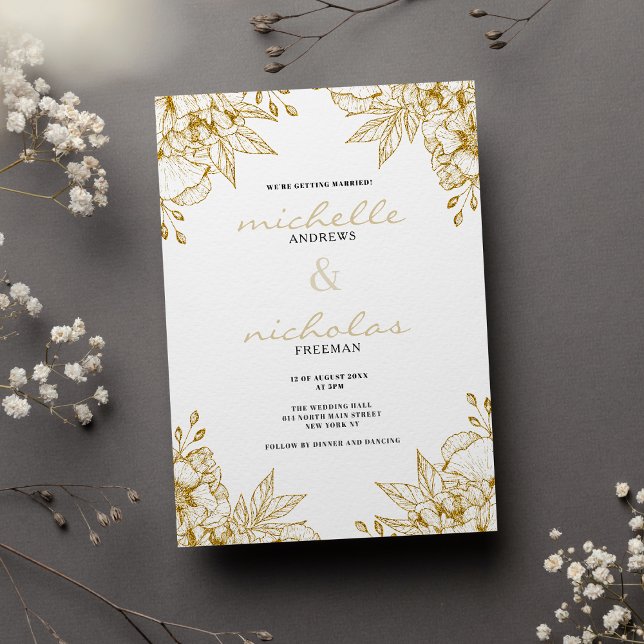 Lyxvit och guld glitter blommigt bröllop inbjudningar (Luxury white and gold glitter floral wedding)