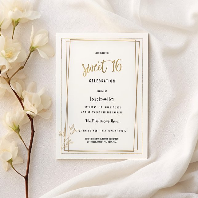 Lyxvit och guld-minimalistsvett 16 inbjudningar (Luxury white and gold minimalist Sweet 16)